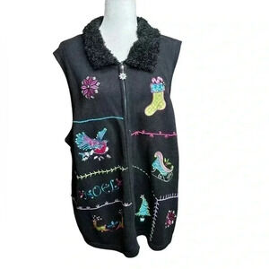 Merry & Bright Christmas Sweater Vest Womens 3X Black Embroidered Beaded